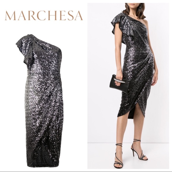 MARCHESA NOTTE One Shoulder Sequin Wrap Dress - Picture 1 of 15